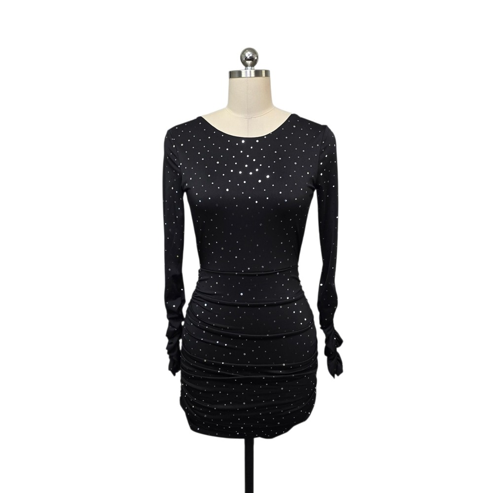 Lucy in the‎ Sky Black Silver Foil Polka Dot Open Back Ruched Mini Dress Small
